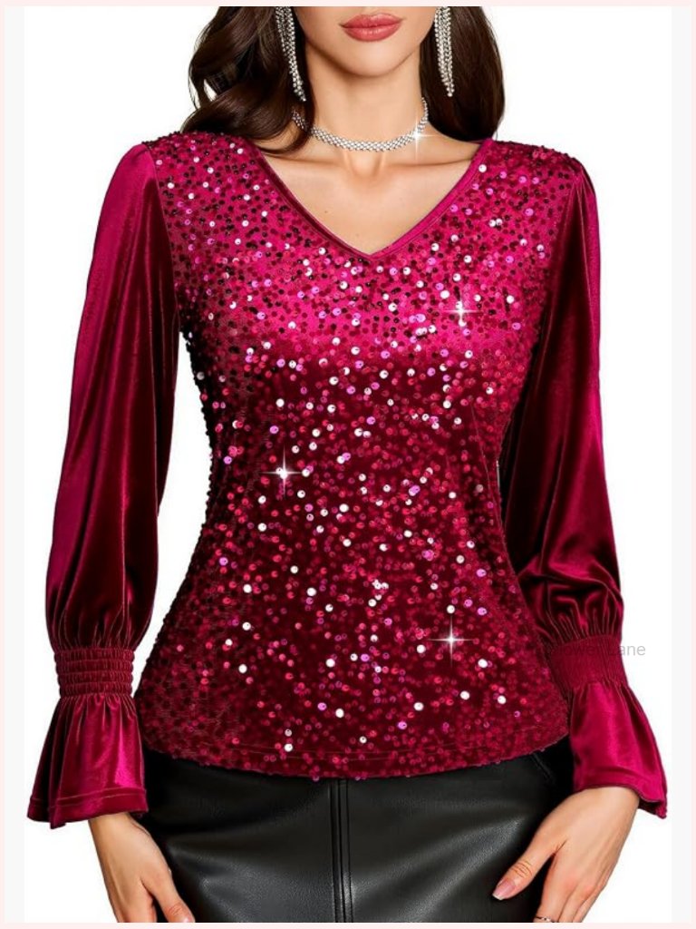 Women's Stretch Velvet Sequin V-Neck Long Sleeve Blouse Party Top
